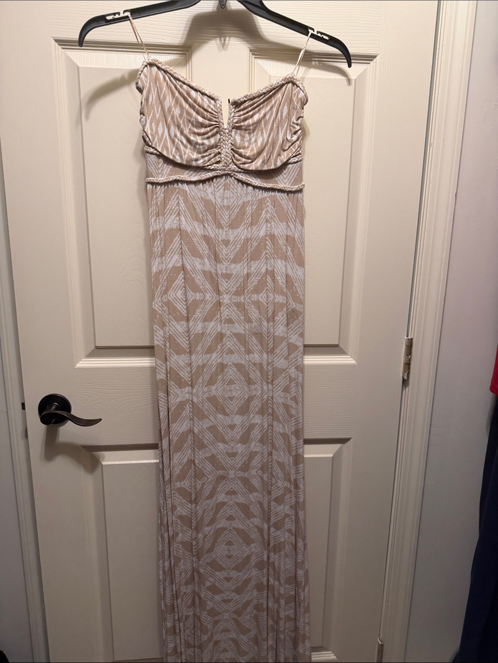 Strapless Beige and White Patterned Maxi Dress